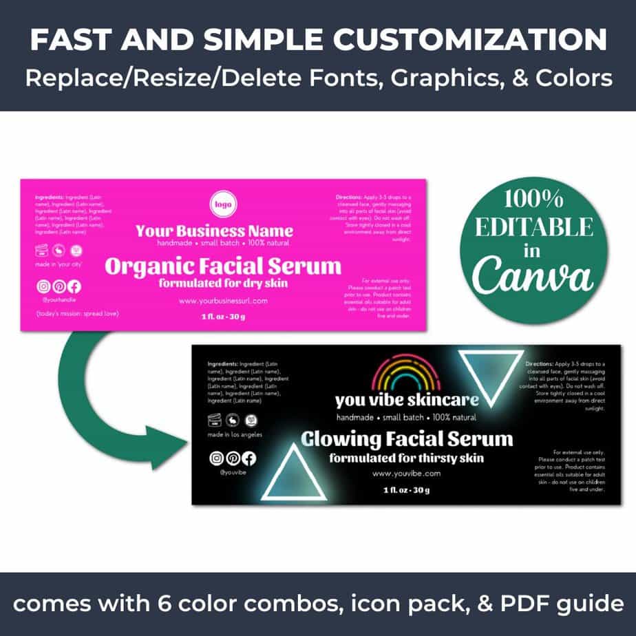 The neon face serum label template is easily editable using Canva.