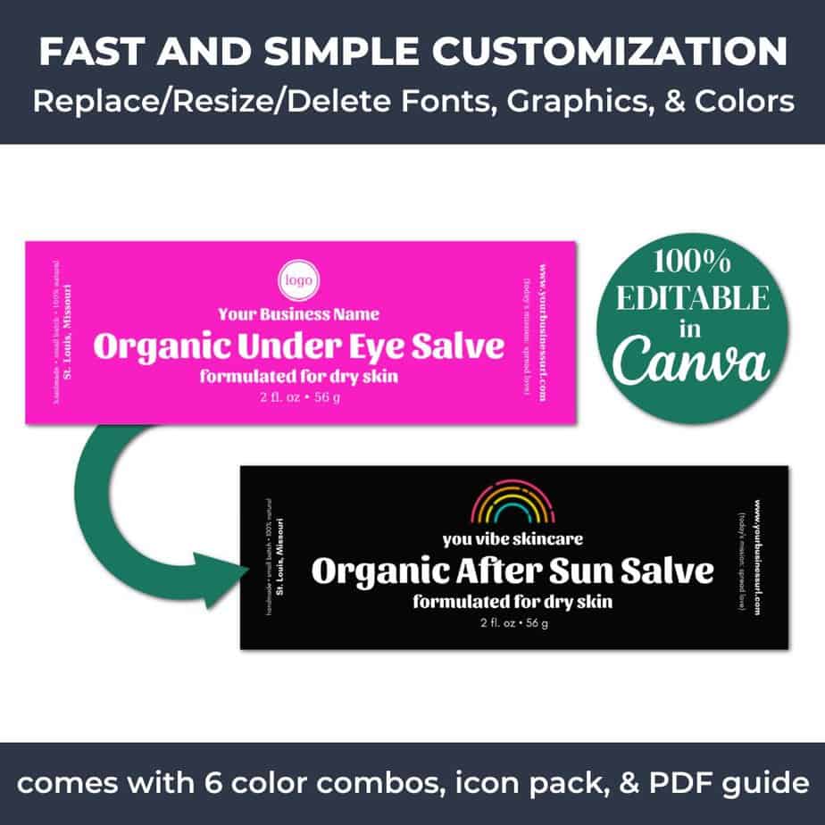 All jar label template sets from DIY Skin Care Business are easily editable using Canva.