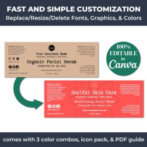 The kraft face serum label templates are easily editable using Canva.