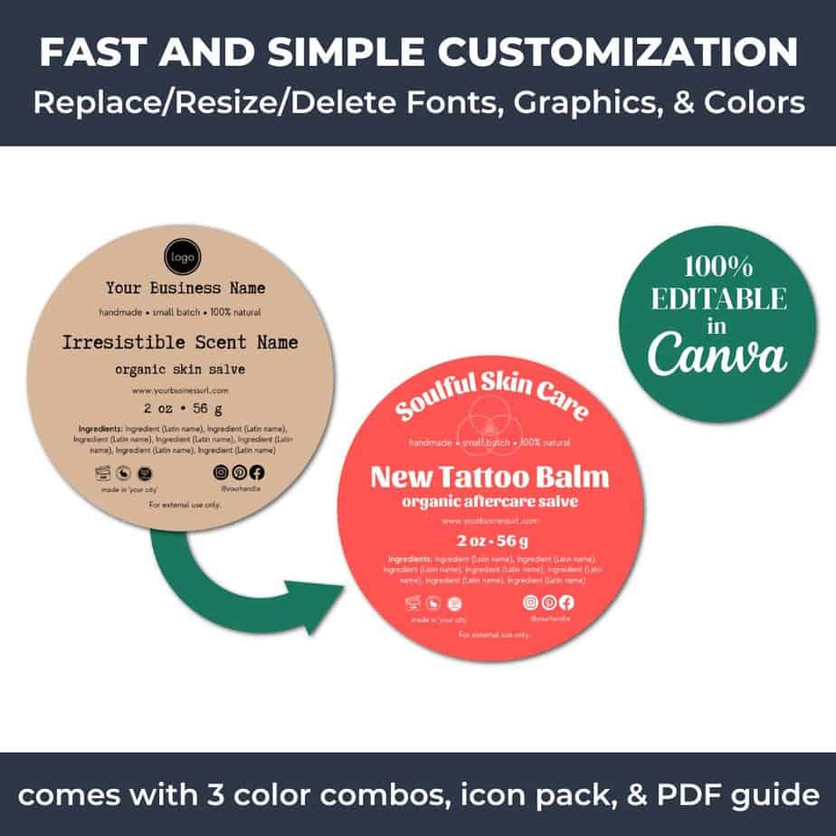 The round skincare label templates are easily editable using Canva.