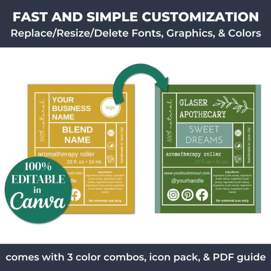 The roller ball label templates are easily customizable using Canva.
