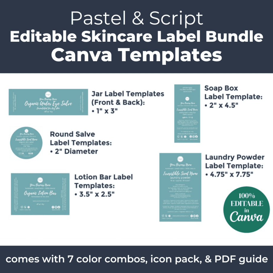 The pastel skincare label bundle includes templates for 8 different types of product containers.