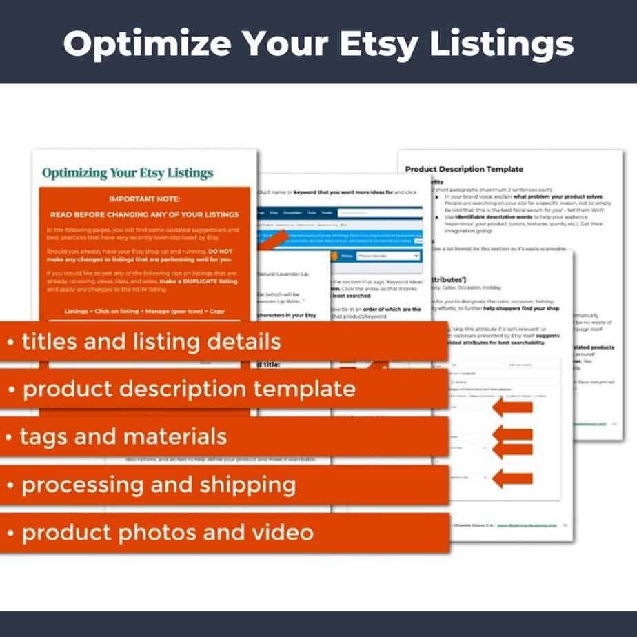 Learn how to optimize your listings in the Etsy SEO and SSO Guide for Handmade Sellers