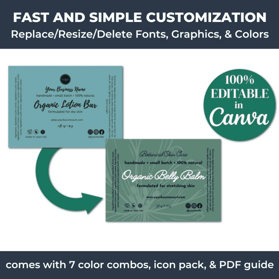 The skin care product labels are easily editable in Canva.