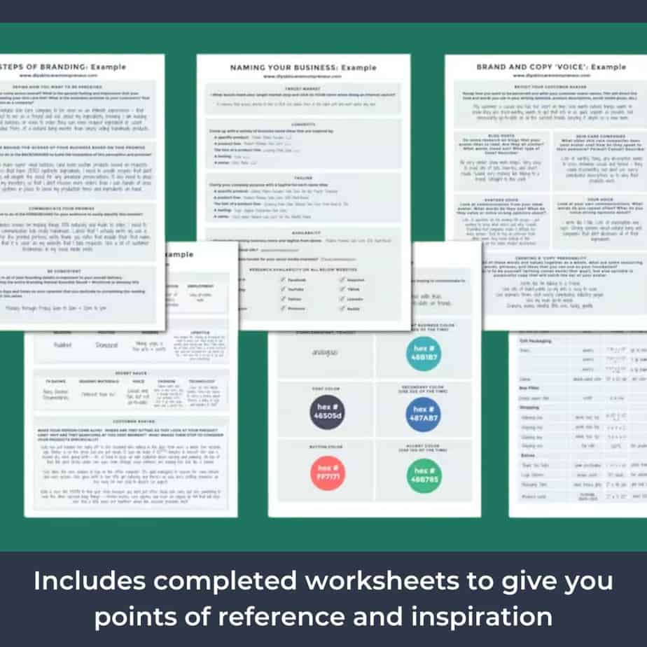 Completed worksheets included in the Skin Care Business Branding Guide