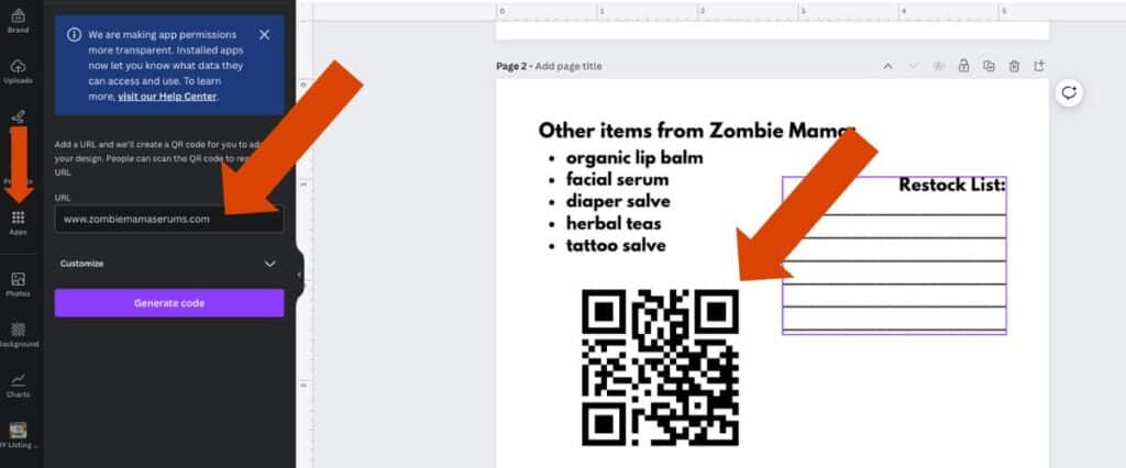 Screenshot of Canva with arrows showing how to add a QR code to the back of a business thank you note design.