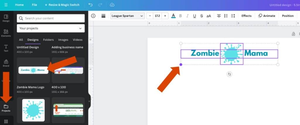 Screenshot of Canva with arrows showing how to add a logo to the blank canvas.