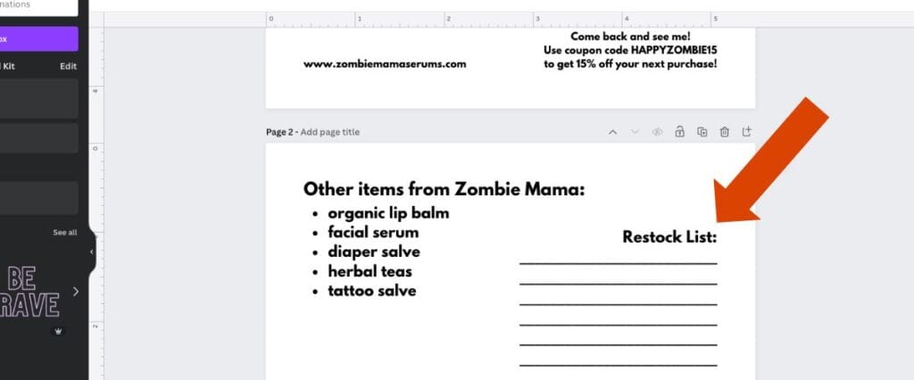 Screenshot of Canva with arrows showing how to create a blank restock list to the back of a thank you note design.