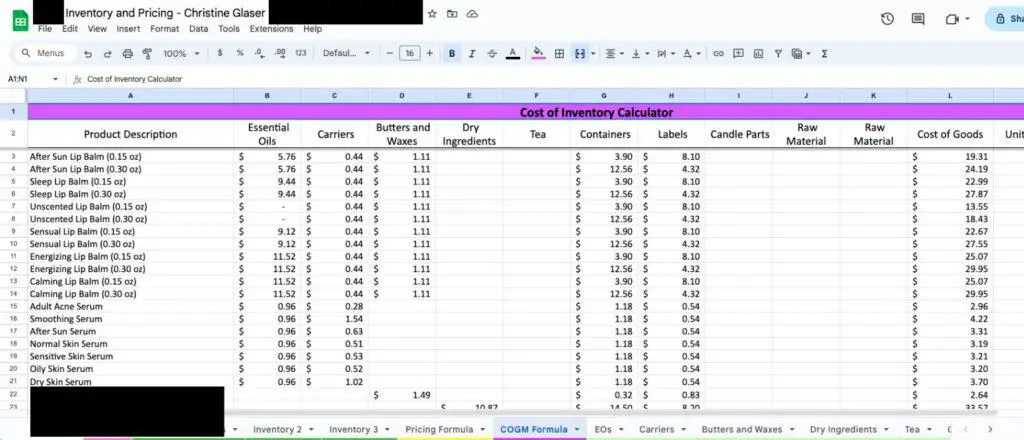 Cost of Inventory calculator for handmade skin care businesses.