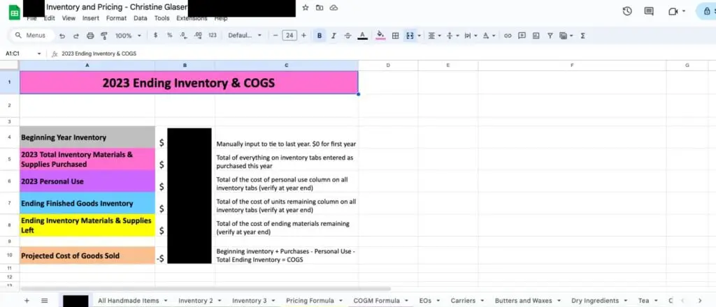 Annual Ending Inventory & COGS spreadsheet for handmade sellers