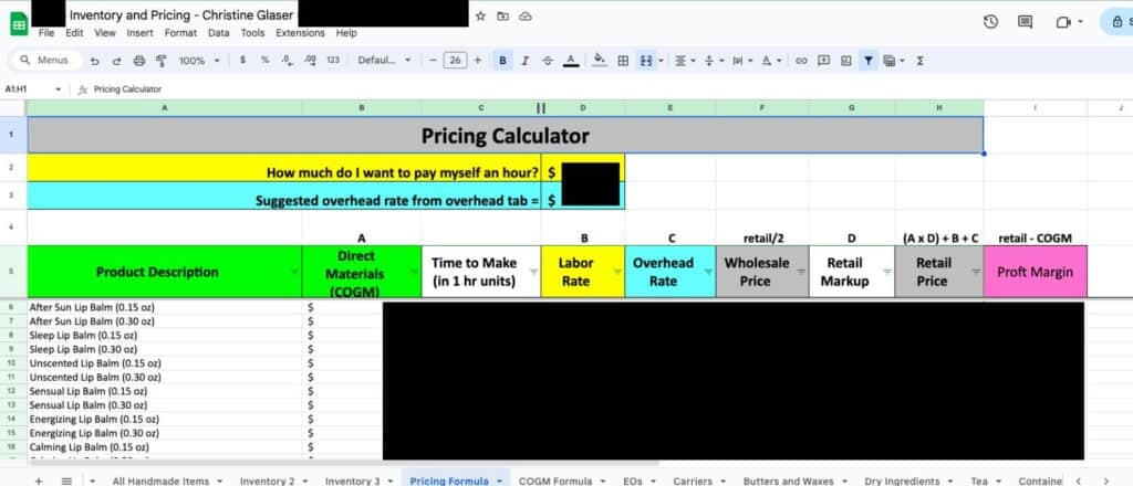 Pricing calculator for handmade skincare businesses