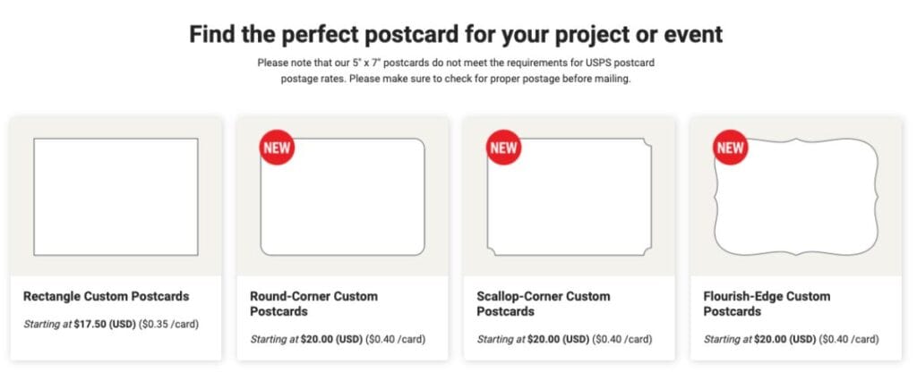 Screenshot of Avery showing the different edges available for their professionally printed postcards.