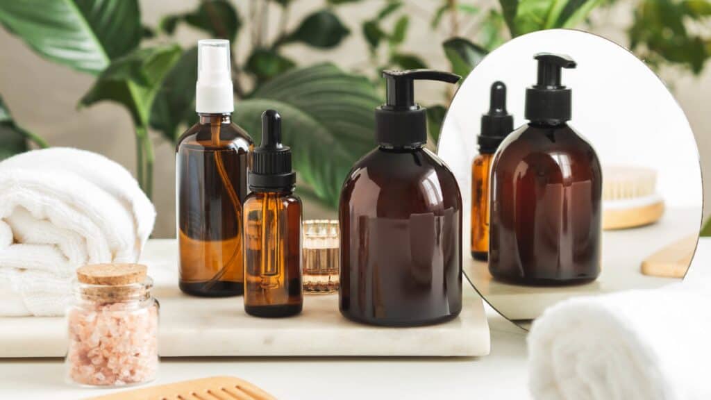 Plant-based skin care products in amber bottles